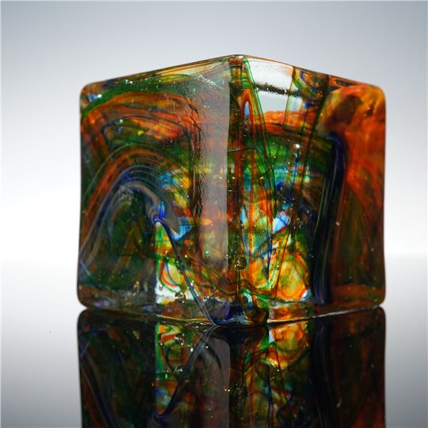 HQT Hand Made Art Glass Cube Paperweight