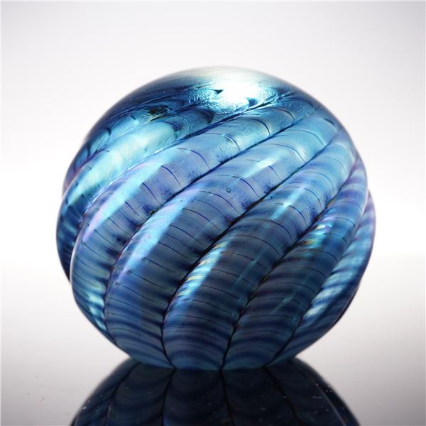 Studio Glass Paperweight, Blue Iridescent Swirl Design