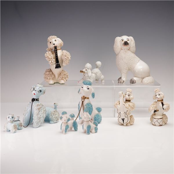 7pc Ceramic Spaghetti, Sugar, & Staffordshire Poodle Figurines
