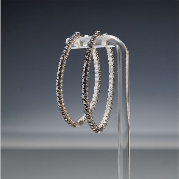 Pair of 14K White Gold 2.77ctw Black & White Diamond Oval Hoop Earrings