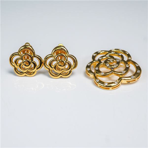3pc Gold Tone Floral Brooch and Landau Earrings Set