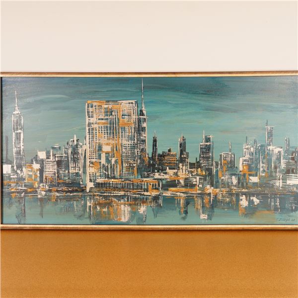 Mid-Century Modern Oil on Board Painting, Cityscape, Signed C. Balogh