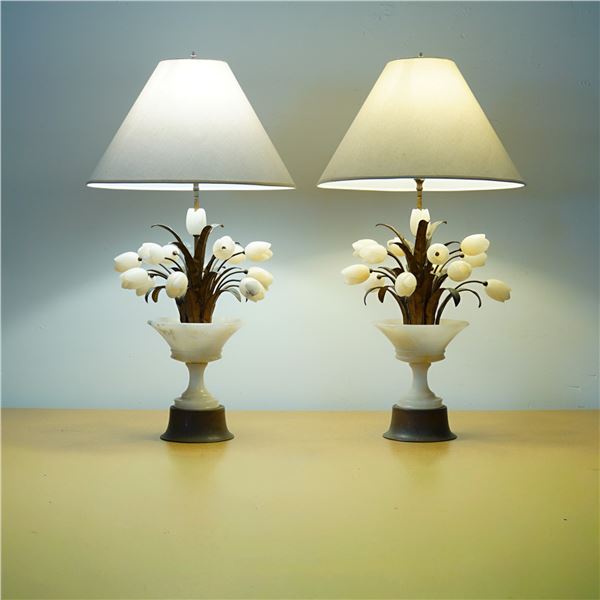 Pair of Richard Plumer Alabaster Floral Table Lamps