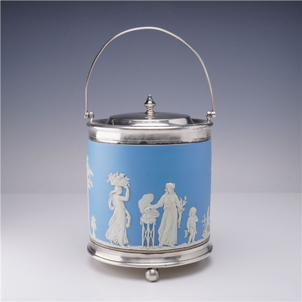 Wedgwood Blue Jasperware Biscuit Barrel with Silver Plate Mounts