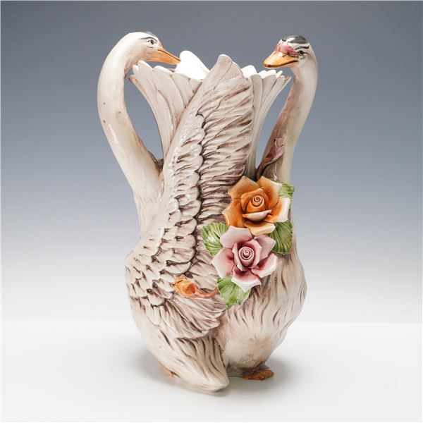 Capodimonte Italian Porcelain Swan & Floral Vase