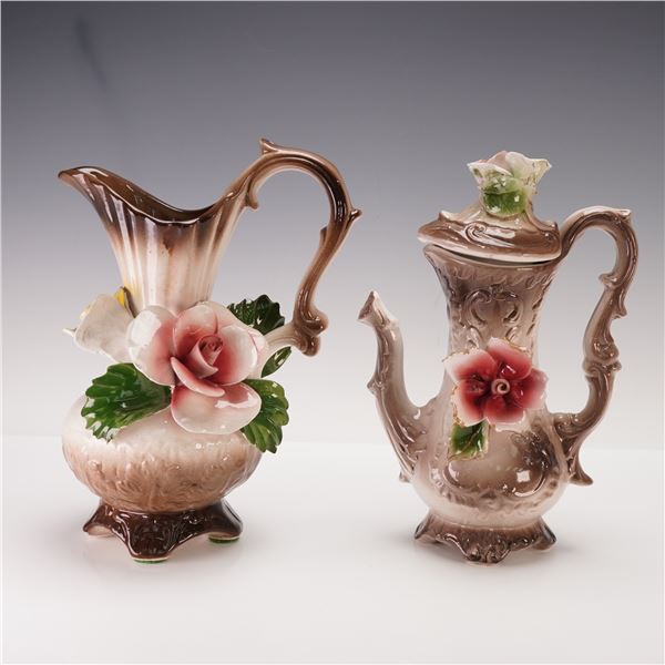 2pc Nuova Capodimonte &Capodimonte Italian Porcelain Pitcher w/Cover & Ewer