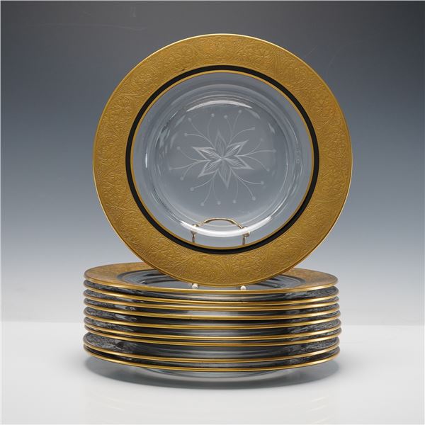 10pc Etched Glass Dinner Plates with Gilt Rim Decoration