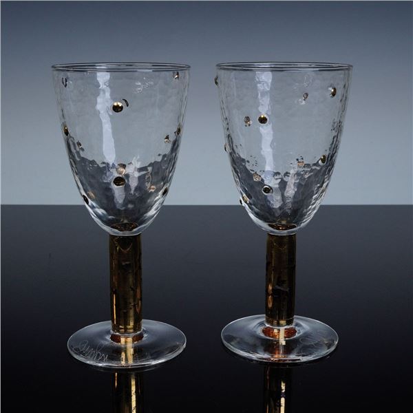 2pc Stephen Smyers Morocco Gold Dot Art Glass Goblets, Signed