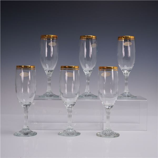 6pc Valencia Champagne Flutes, Hand Decorated with 24kt Gold