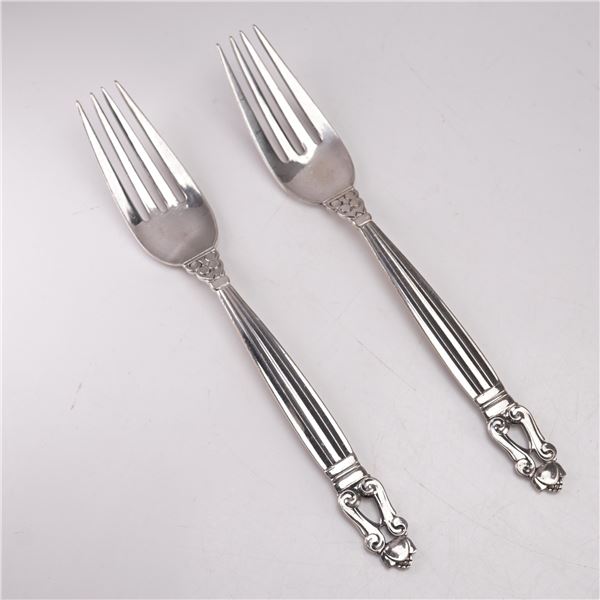 2pc Georg Jensen Sterling Silver Dinner Forks, Acorn