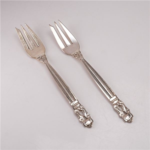 2pc Georg Jensen Sterling Silver Pastry Forks, Acorn