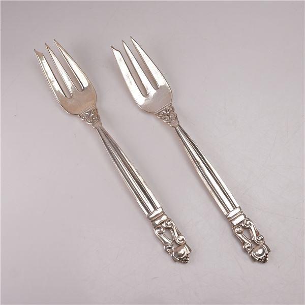 2pc Georg Jensen Sterling Silver Pastry Forks, Acorn