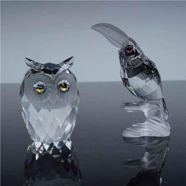 2pc Swarovski Crystal Bird Figurines, Large Owl & Toucan
