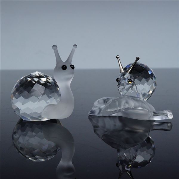 2pc Swarovski Crystal Figurines, Snail On a Vine Leaf & Snail