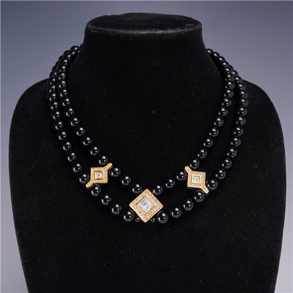 Black Beaded Necklace with Gold Tone Accents