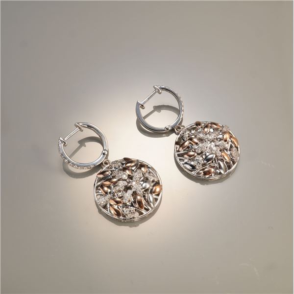 Pair of 14K Two-Tone Gold 0.52ctw Diamond Floral Dangle Earrings