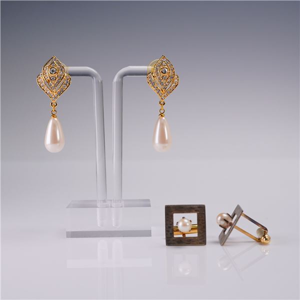 2pr Earrings & Sterling Cuff Links w/ Pearls & Rhinestones