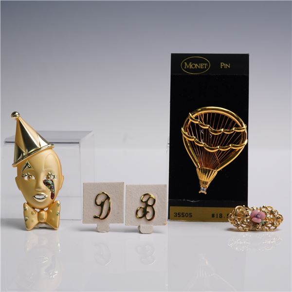 5pc Gold Tone Brooch & Pin Lot incl. Monet & Pierrot