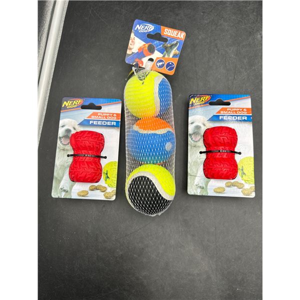 Lot of Nerf Dog Squeak Tennis Balls and Puppy & Small Dog Feeders Set