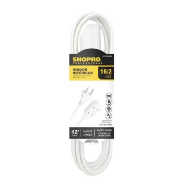 Shopro 12-Foot Indoor Extension Cord with 3 Outlets, 16/2 Gauge