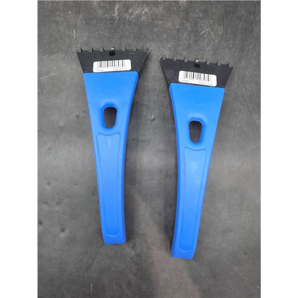 Two Blue Plastic Windshield Scrapers with Black Blades