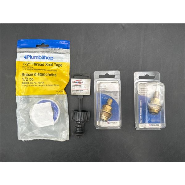 Lot of Plumbing Components Including Faucet Cartridges, Thread Seal Tape, and Reduced Adapter
