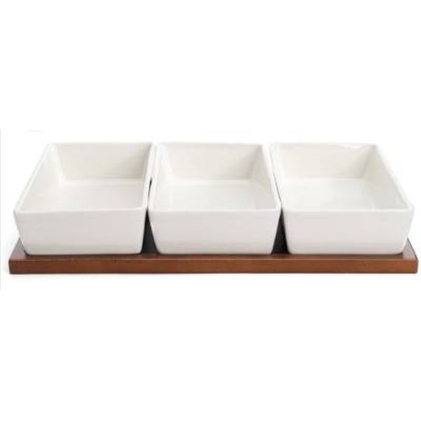 Tidbit Serving Set With Square Dishes and Wood Tray