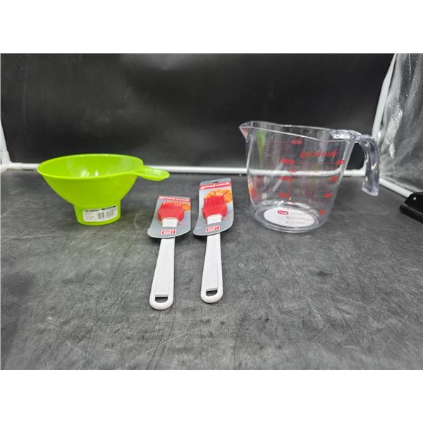 Kitchen Tools Featuring Measuring Cup, Funnel, and Silicone Brushes