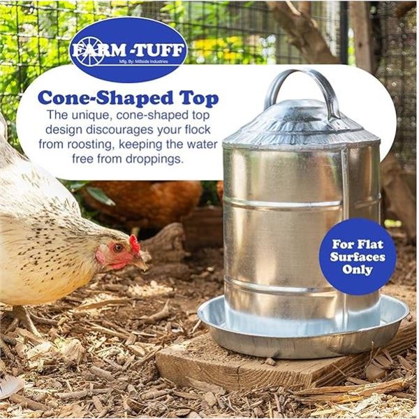 FARM-TUFF Galvanized Poultry Waterer, 2 Gallon Capacity – Double-Wall Poultry Fountain with
