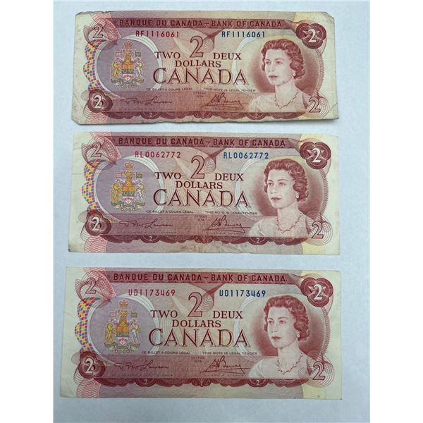 Lot of Three Vintage Canada 2 Dollar Banknotes, 1974 Series
