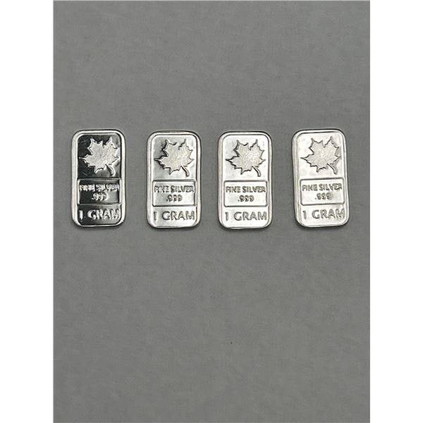 LOT of 4 –  1 Gram .999 Fine Silver Bars Featuring Maple Leaf Design