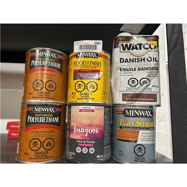 Lot of Assorted Wood Finish, Polyurethane, and Paint Products by Minwax, Watco, and Co-Op