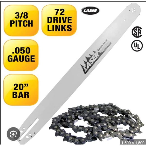 Laser 22641 20″ 3/8″ .050″ 72 DL Chainsaw Bar & Chain Combo