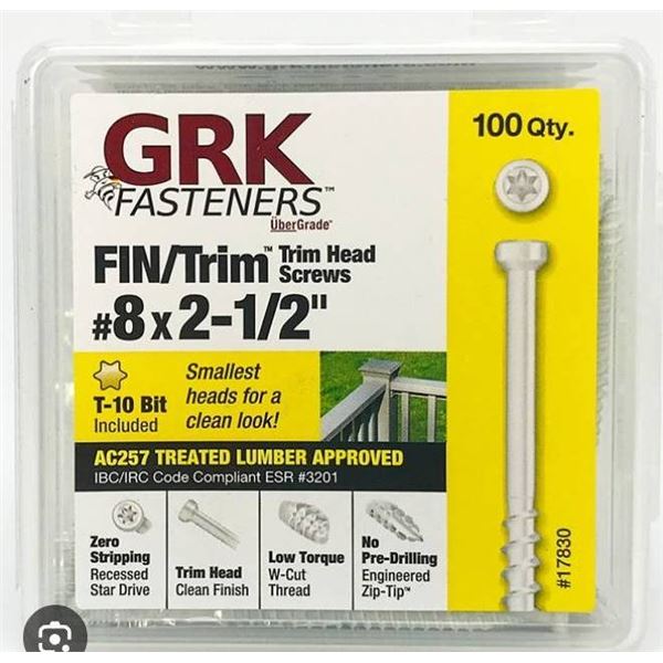 GRK Fasteners FIN/Trim White Trim Head Screws #8×2-1/2 Inch, 100 Qty, Lot of 10