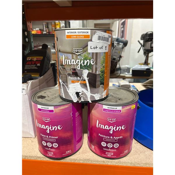 Lot of 3 Co-Op Imagine Paint Cans – Low-Gloss & Eggshell, 3.64 L & 3.67 L