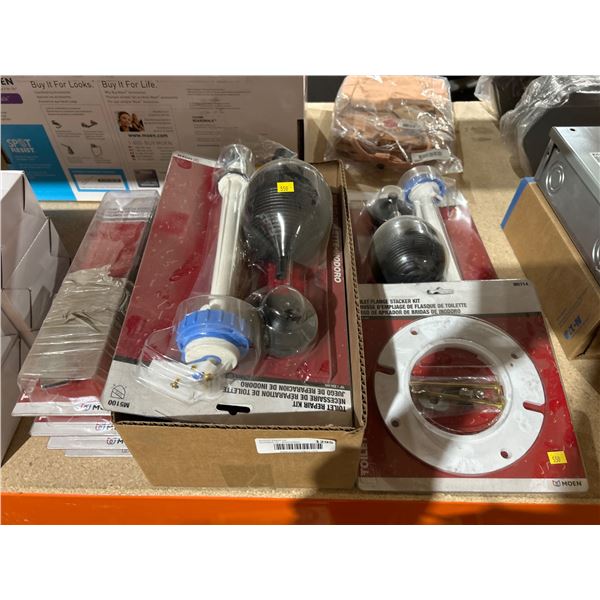 Lot of Assorted Plumbing Supplies Including Mixer, Tub Spout, Repair Kits, and Flange Stacker Kit