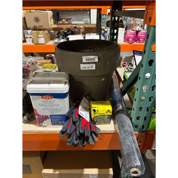 Lot of Assorted Gardening Supplies Including Fertilizer, Gloves, Pots, Weed Barrier, and Refill Pell