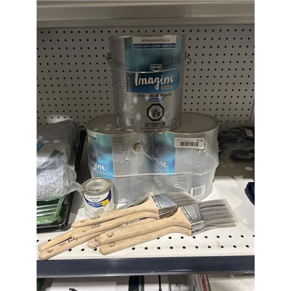 3 Imagine Water-Based Alkyd Paint Cans, 1 Ultra Cover Paint, and 7 Paint Brushes