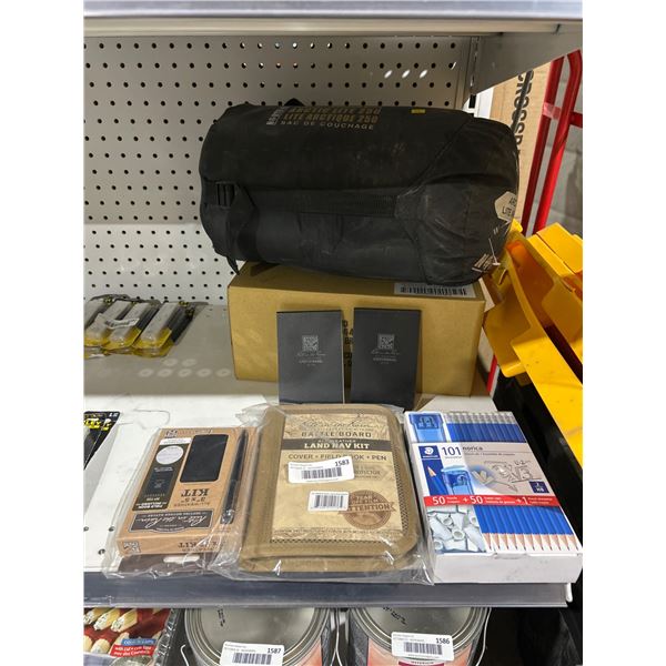 Camping Gear and Stationery Supplies Including North 49 Sleeping Bag and Rite in the Rain Kits