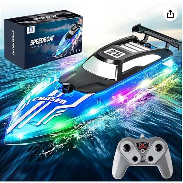 RC Boat with Dazzling LED Lights, 2.4Ghz Remote Control Racing Boat
