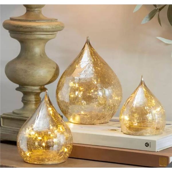 Evergreen LED Glass Raindrops With Gold Crackle Finish (Set of 3)