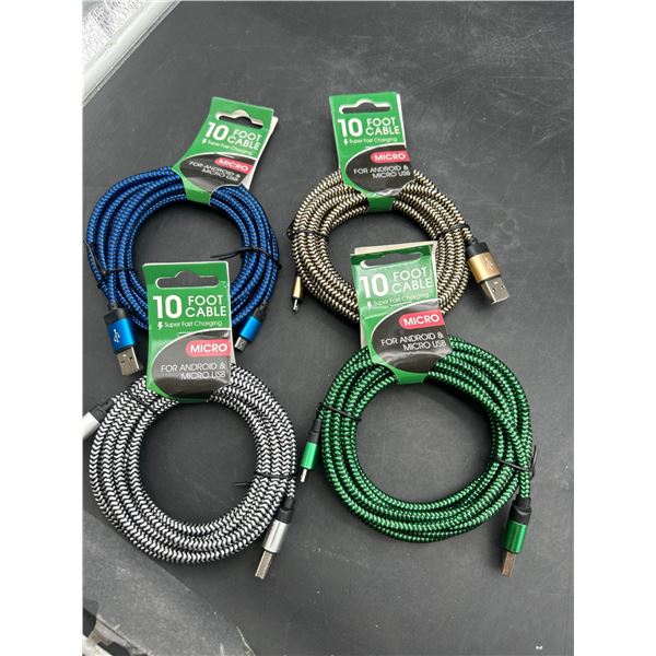 10-Foot Micro USB Charging Cables Compatible with Android Devices Lot of 4