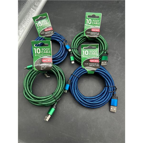 10-Foot Micro USB Charging Cables Compatible with Android Devices Lot of 4