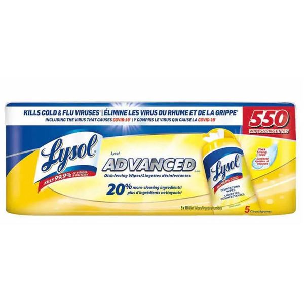 Lysol Advanced 550 Total Wet Wipes, Lemon Scent, 5 x 110 Count