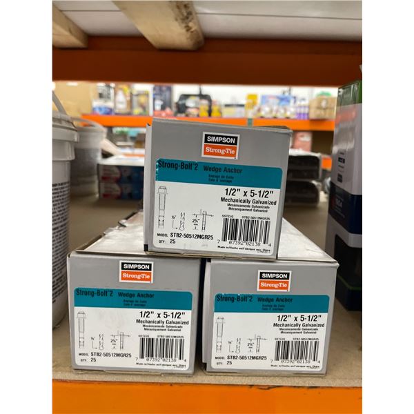 Simpson Strong-Bolt 2 Wedge Anchor 1/2 Inch x 5-1/2 Inch Mechanically Galvanized LOT OF 3