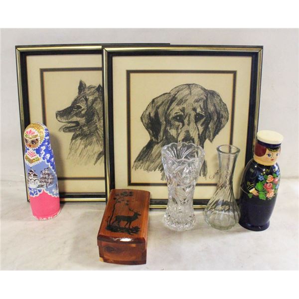 DOG PICTURES, RUSSIAN DOLLS, FLOWER VASES AND WOOD