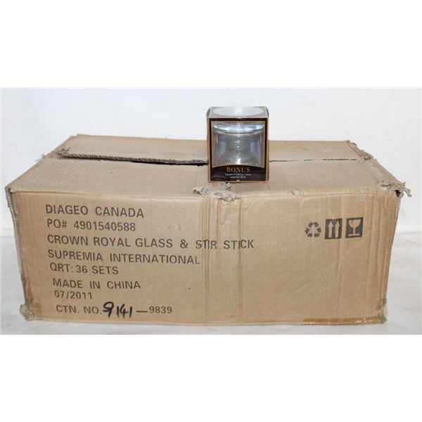 BOX OF 32 CROWN ROYAL GLASSES WITH STIR