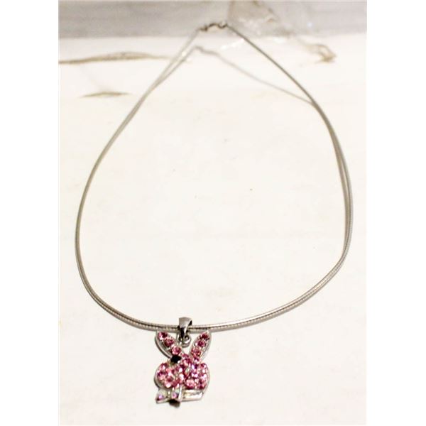 SILVER TONE NECKLACE WITH JEWELED PLAYBOY BUNNY