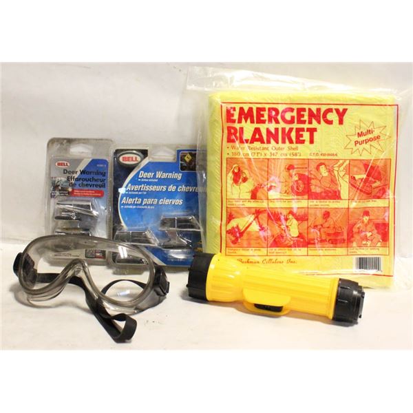 EMERGENCY BLANKET, FLASHLIGHT, DEER WARNING