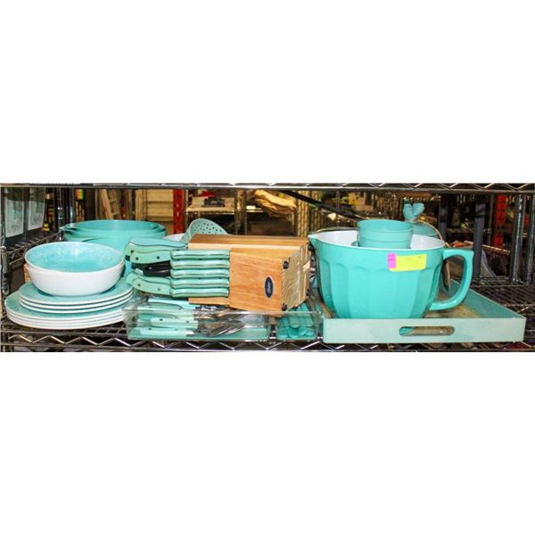 PKG OF TEAL COLOR MIXING BOWLS AND KITCHEN ITEMS